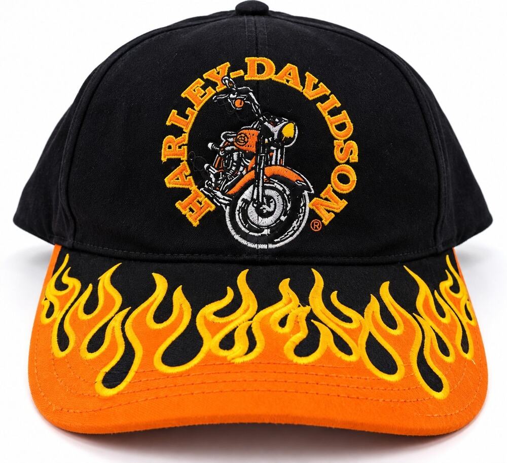 Vintage Y2K Harley Davidson Embroidered Flames Black Strapback Hat Cap RARE! 🔥